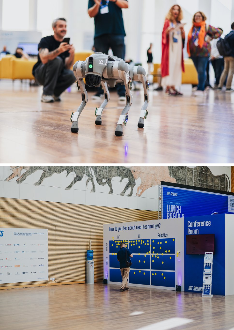 The robot dog and the sticker board where attendees shared how they feel about IoT, AI and robotics