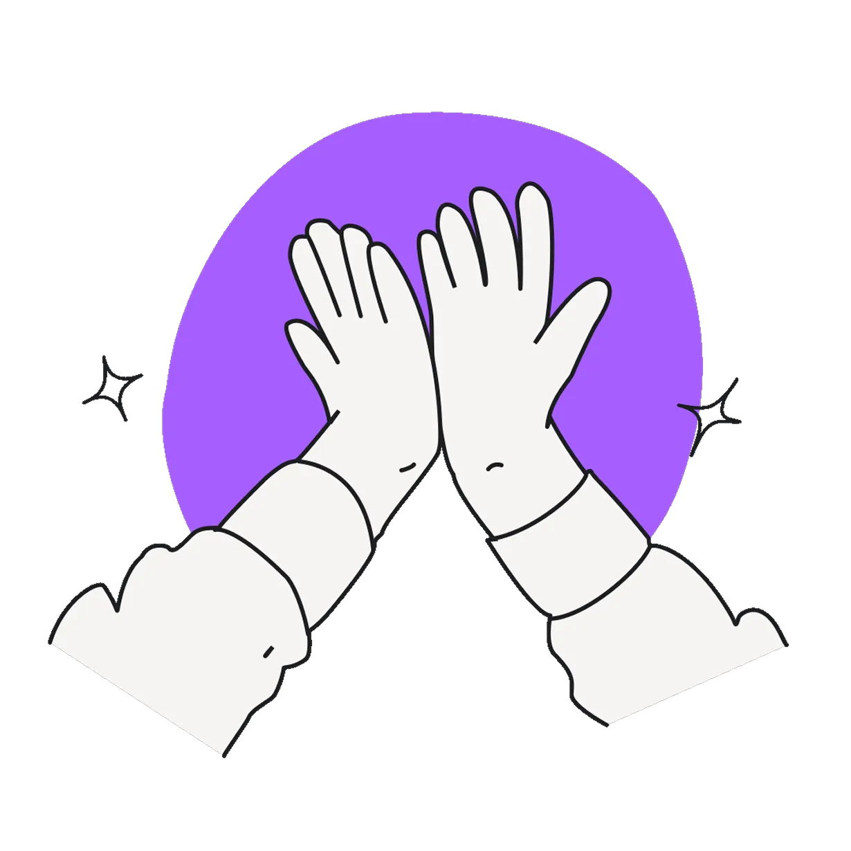 Playful illustration of two gloved hands giving a high five, with sparkles and motion lines around them suggesting celebration or success