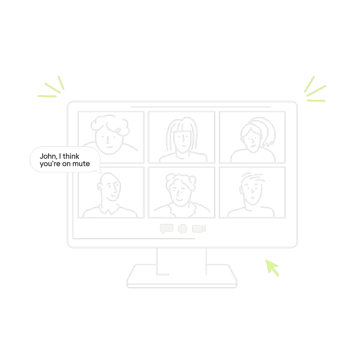Minimalist illustration of a virtual video call on a computer screen with six participants, each in their own square. One participant has a speech bubble saying, “John, I think you're on mute.”