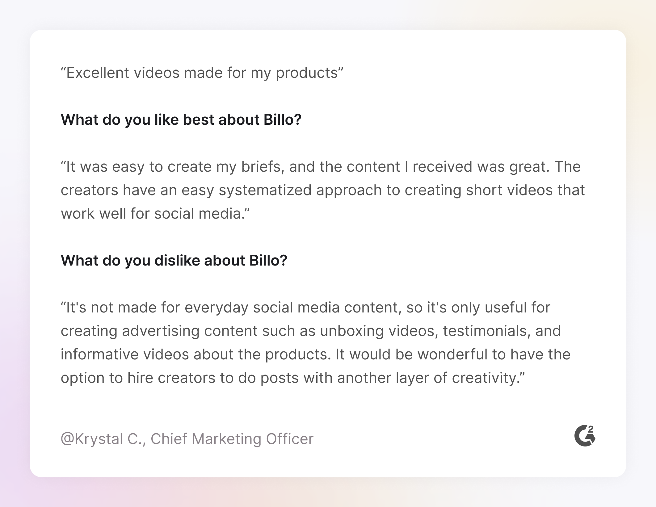 Billo rating on the G2 platform