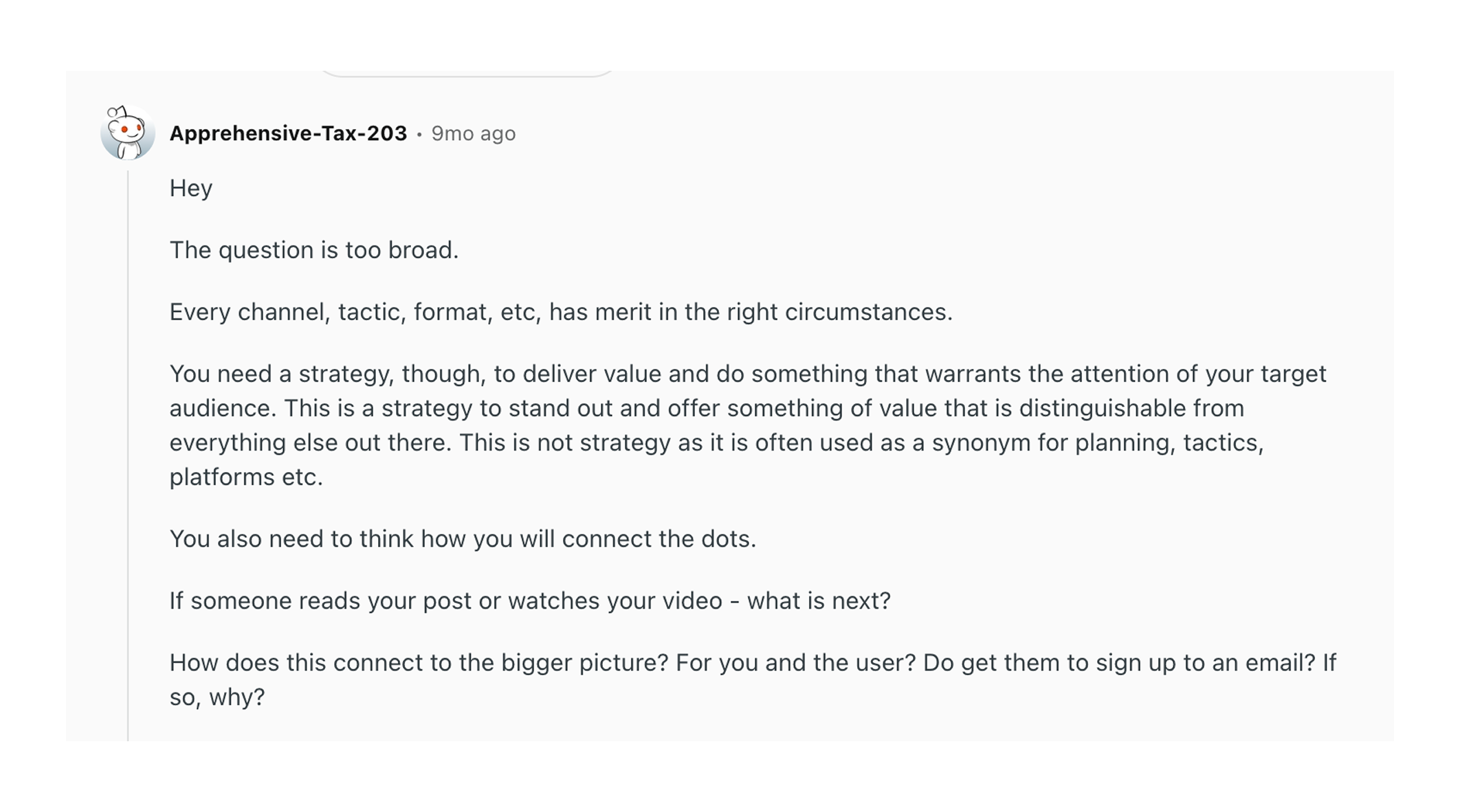 Comment on Reddit about content marketing strategy