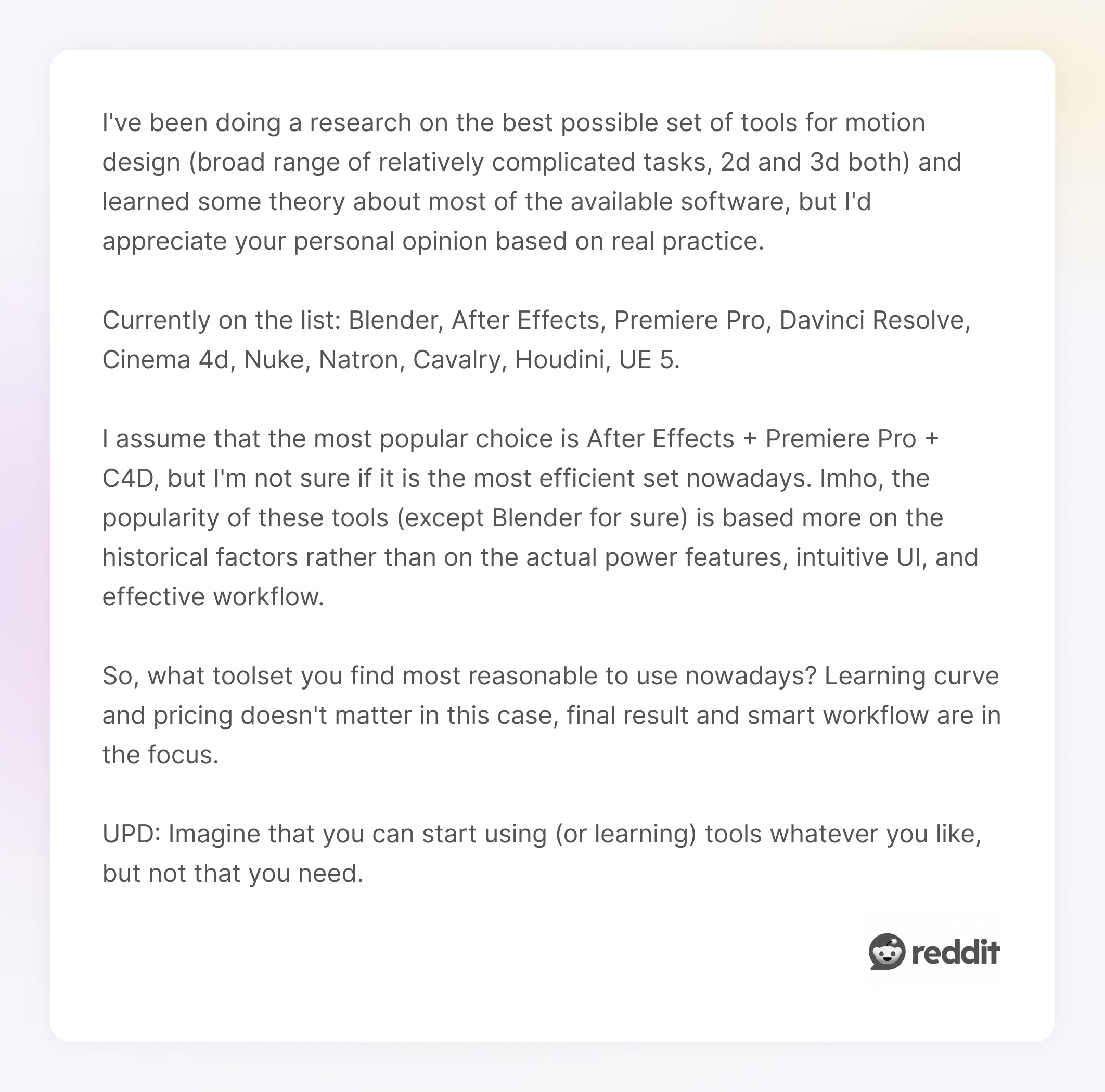 Post on Reddit about motion design