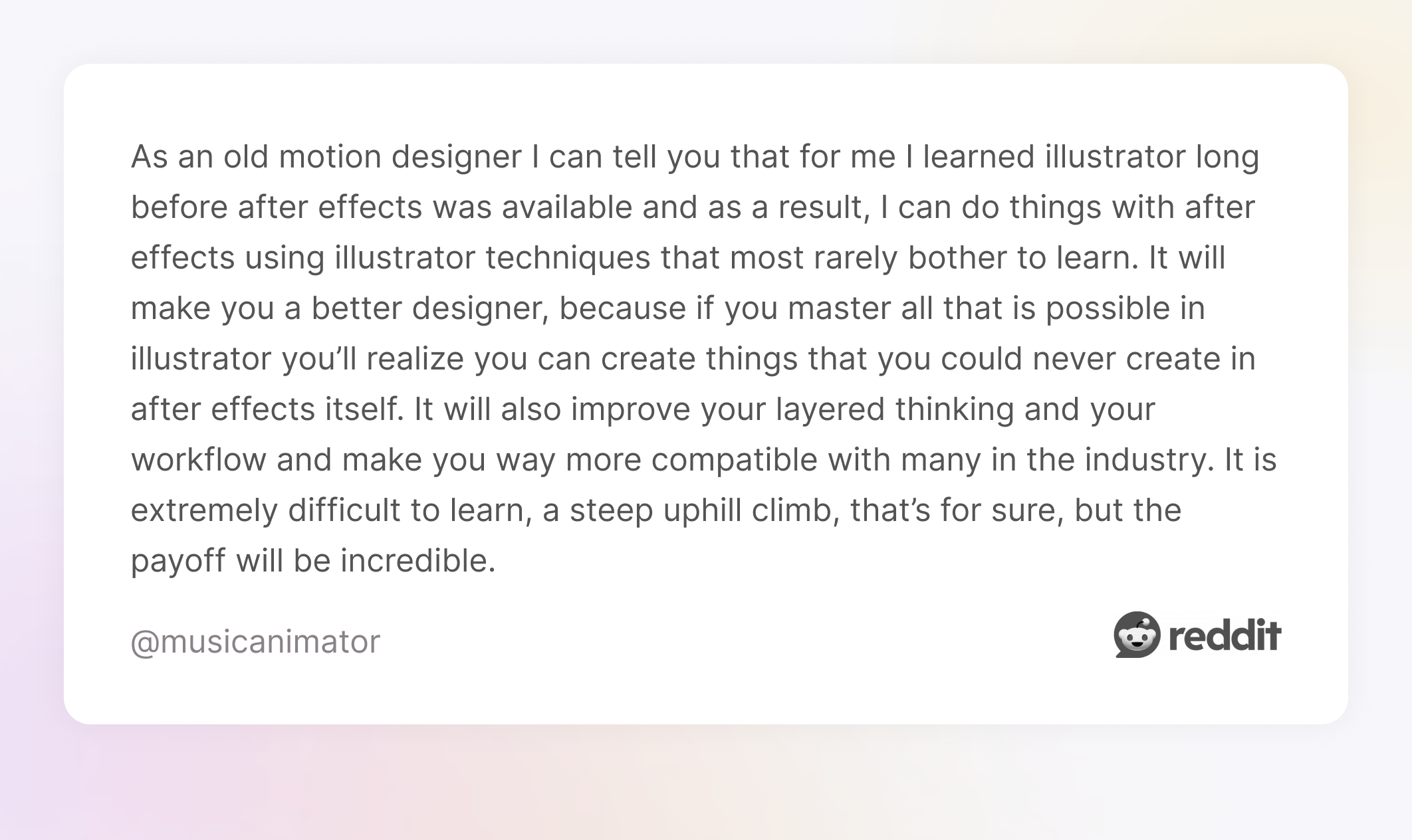 Comment on Reddit about the experience in motion design
