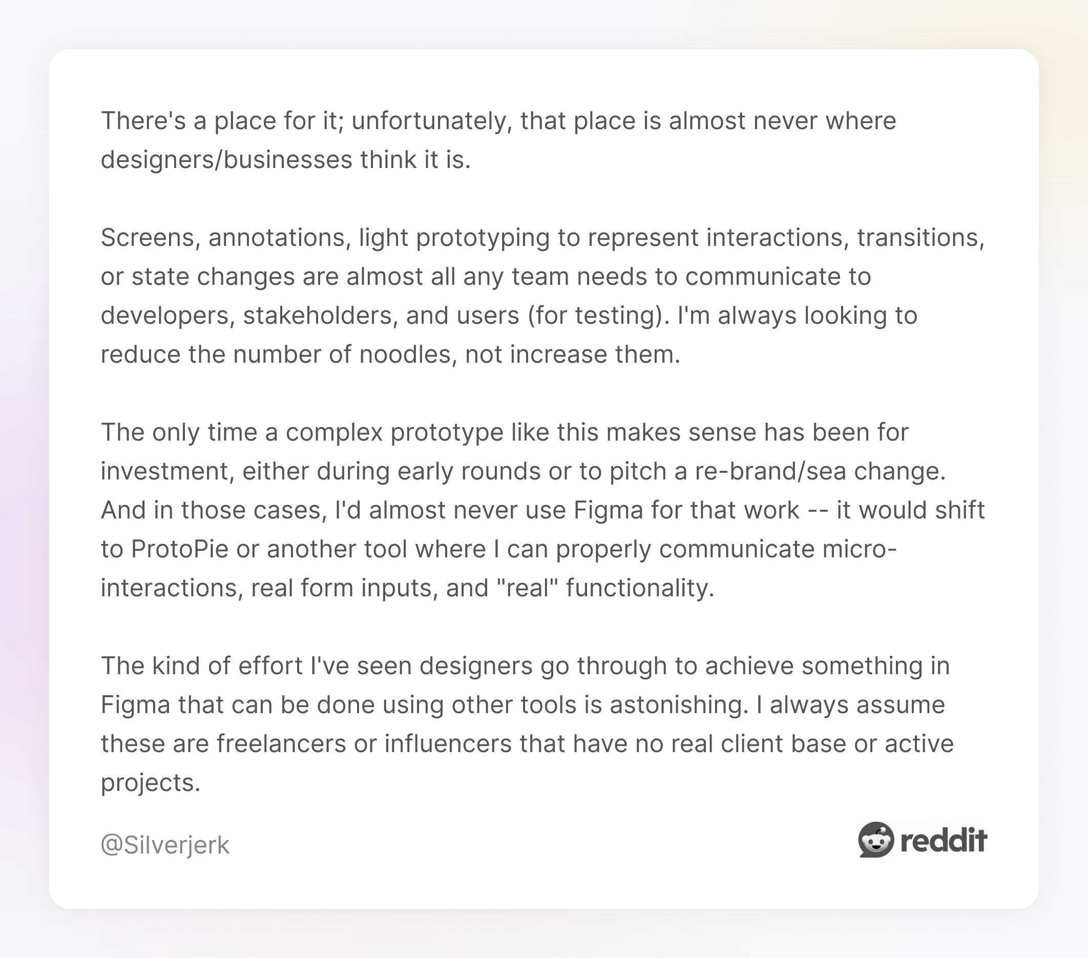 Comment on Reddit about Figma, Rive and ProtoPie