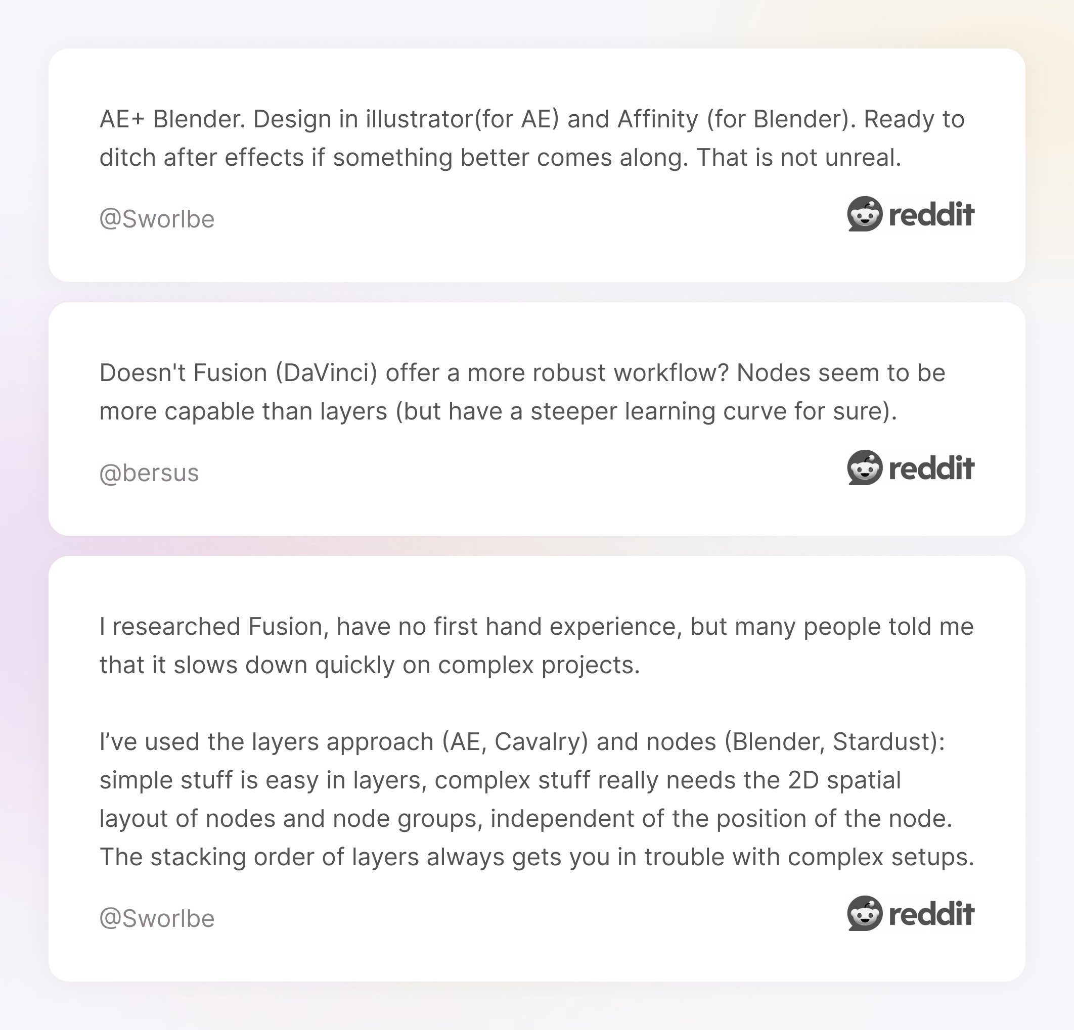 Comments on Reddit about Blender, After Effects and Fusion