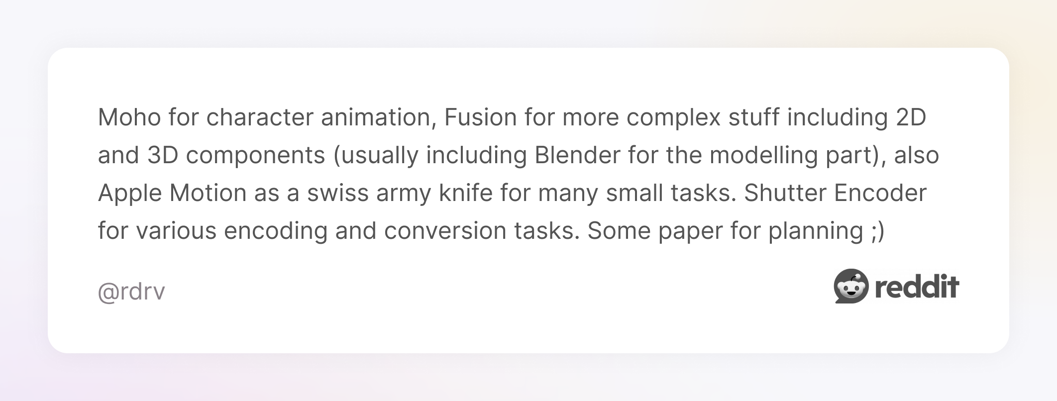 Comment on Reddit about favourite combos in motion design
