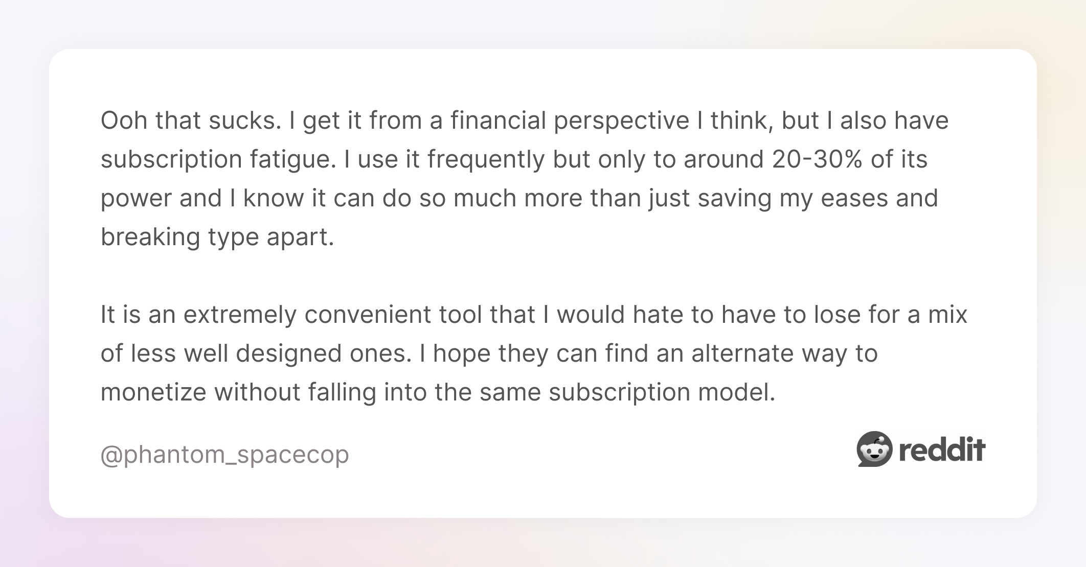 Comment on Reddit about subscription fatigue in motion design