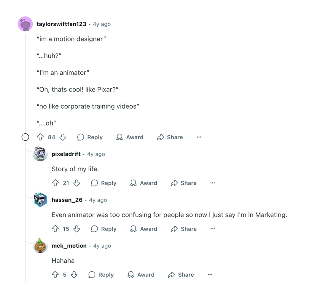 Reddit discussion about motion design and animation
