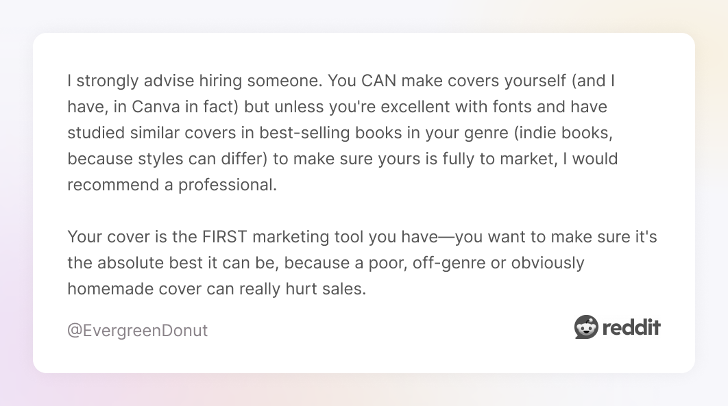 Comment on Reddit about hiring a custom designer for creating an ebook cover