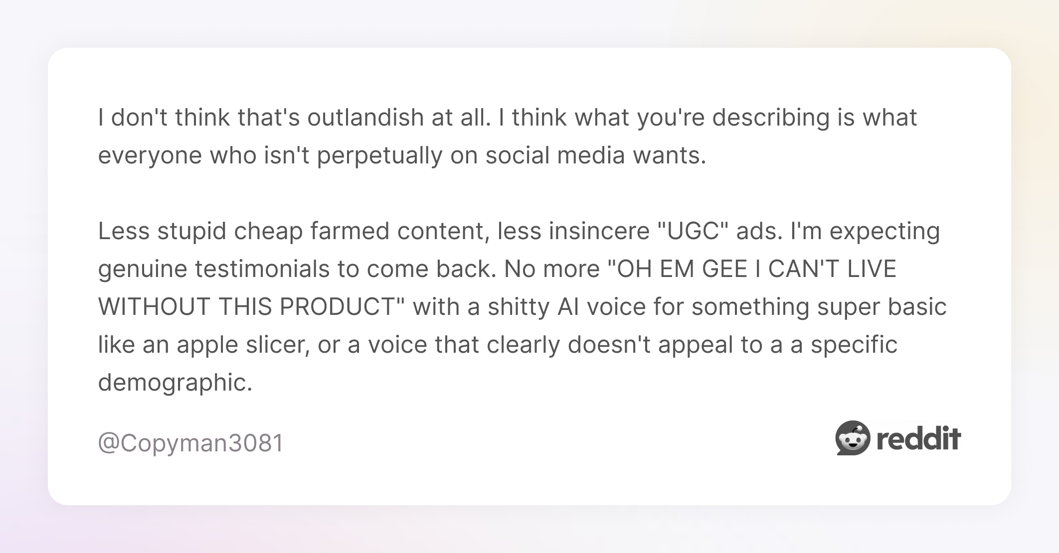 Comment on Reddit about advertising trends