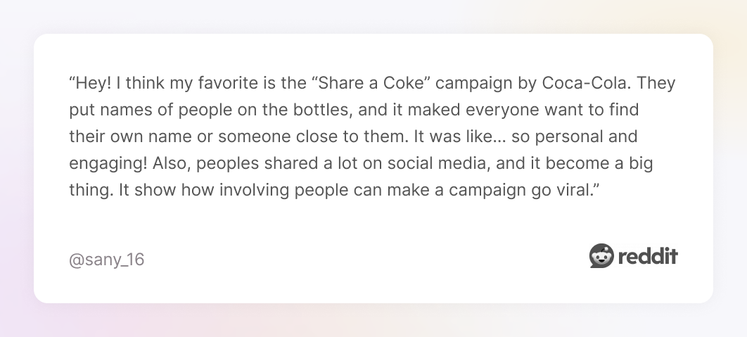 Reddit comment about Coca-Cola “Share a Coke” campaign