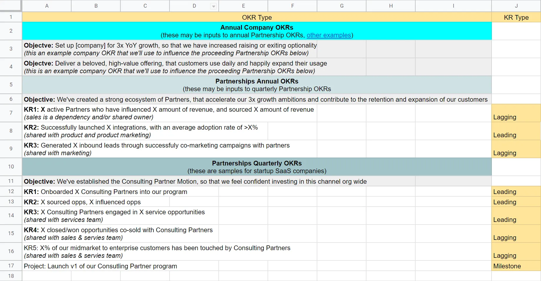 screenshot of an okr template