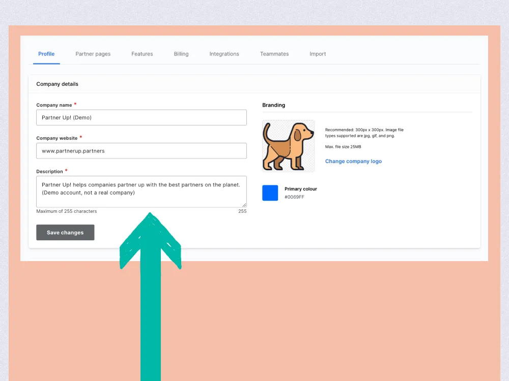 A screenshot showing the back end of a company Martketplace listing in the 91大神 Marketplace, indicating how to update the company description