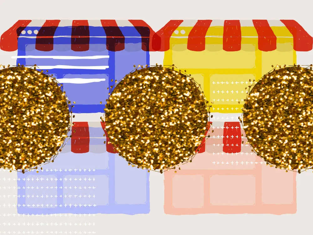 marketplace storefronts with glittering orbs in front