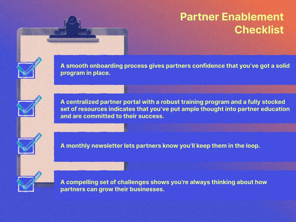 Partner Enablement Checklist with the following item: A smooth onboarding process gives partners confidence that you鈥檝e got a solid program in place. A centralized partner portal with a robust training program and a fully stocked set of resources indicates that you鈥檝e put ample thought into partner education and are committed to their success. A monthly newsletter lets partners know you鈥檒l keep them in the loop. A compelling set of challenges shows you鈥檙e always thinking about how partners can grow their businesses.
