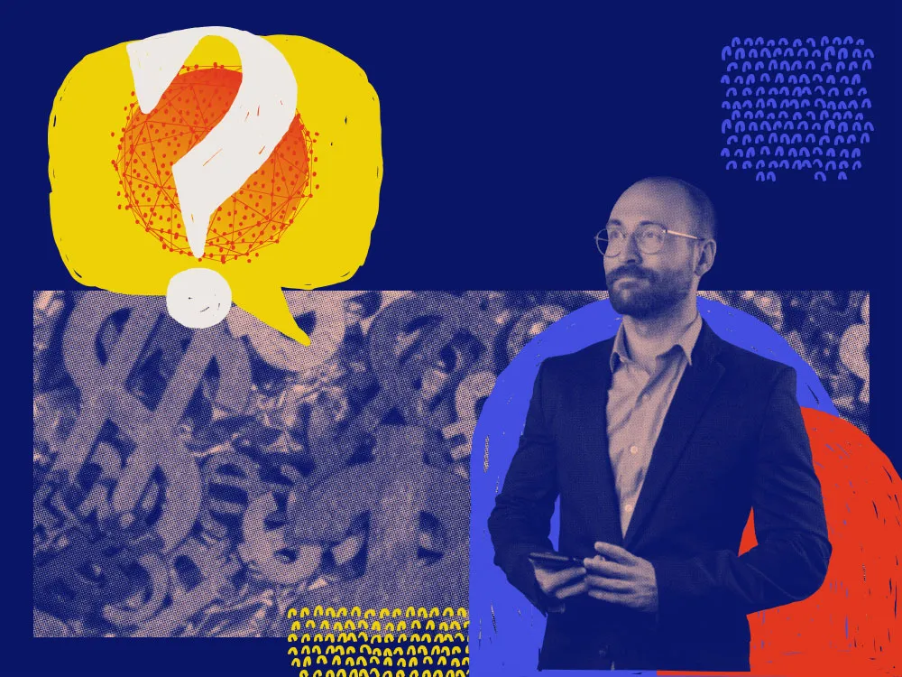 a man in a suit on a background of dollar signs with a question mark overlaid