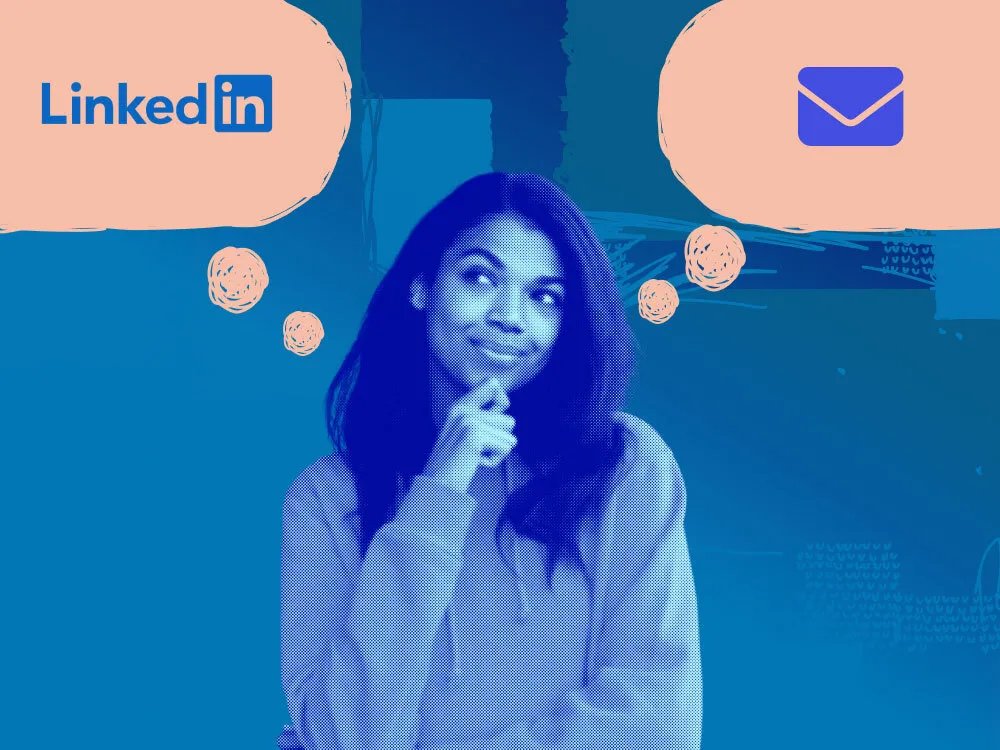 A woman thinking with bubbles showing LinkedIn vs email as marketing strategies