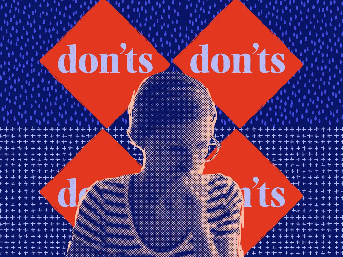 a woman thinking against a background of four diamond shapes with the word donts in them