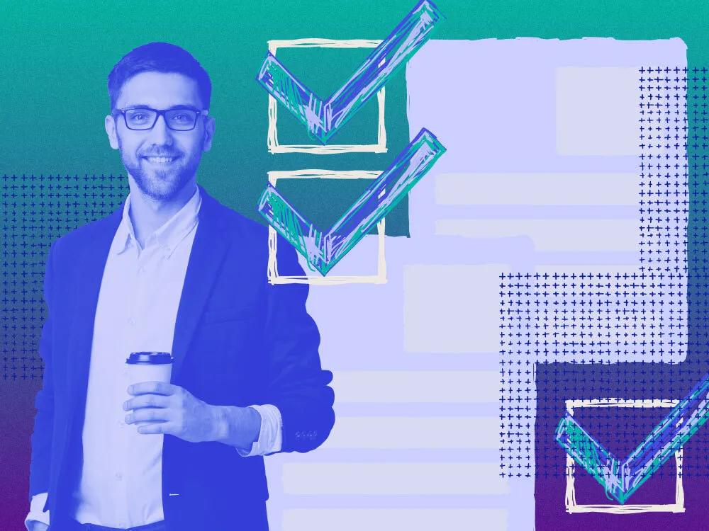 A suited professional holding a coffee is juxtaposed with checklist boxesc