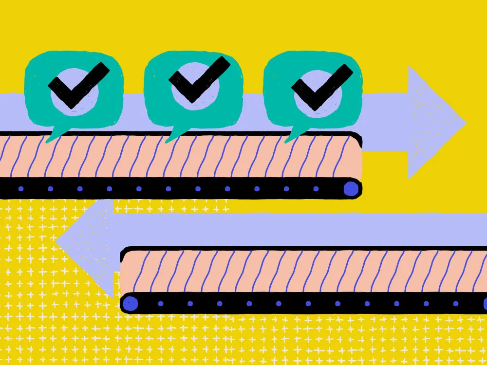Three check marks on a conveyor belt with arrows