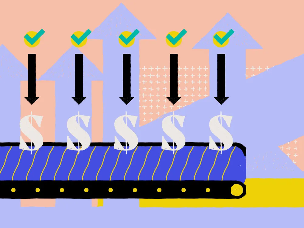 a row of checkmarks, arrows, and dollar signs