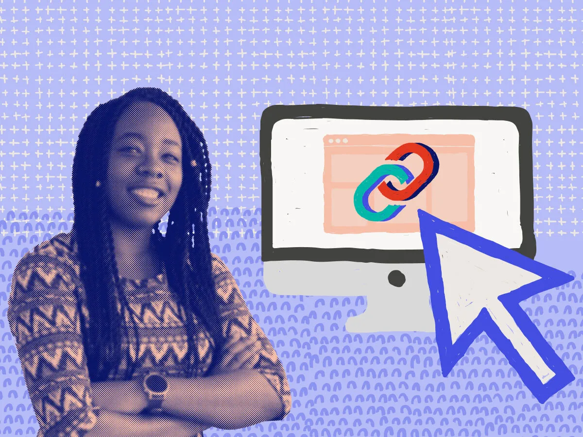 a woman smiling with arms crossed next to a computer with a link on the screen