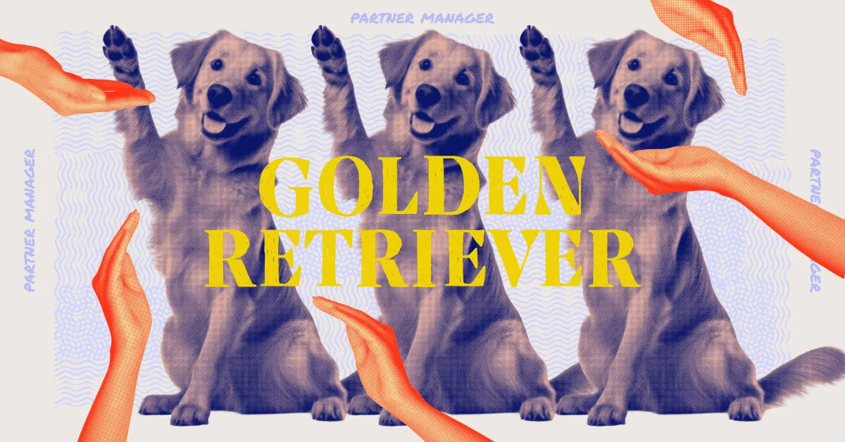 A golden retriever dog and the tech job its representing, partner manager