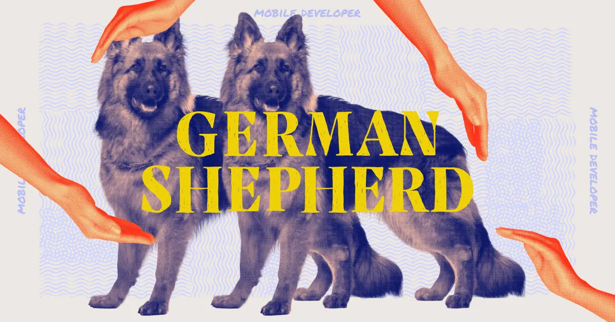 A German shepherd dog and the tech job its representing, mobile developer