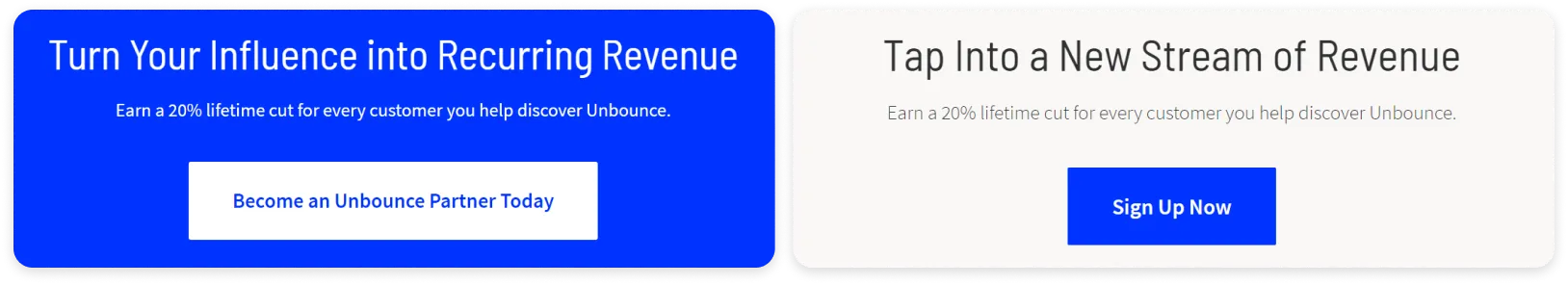 Screenshot of CTAs from Unbounce's partner program webpage webpage