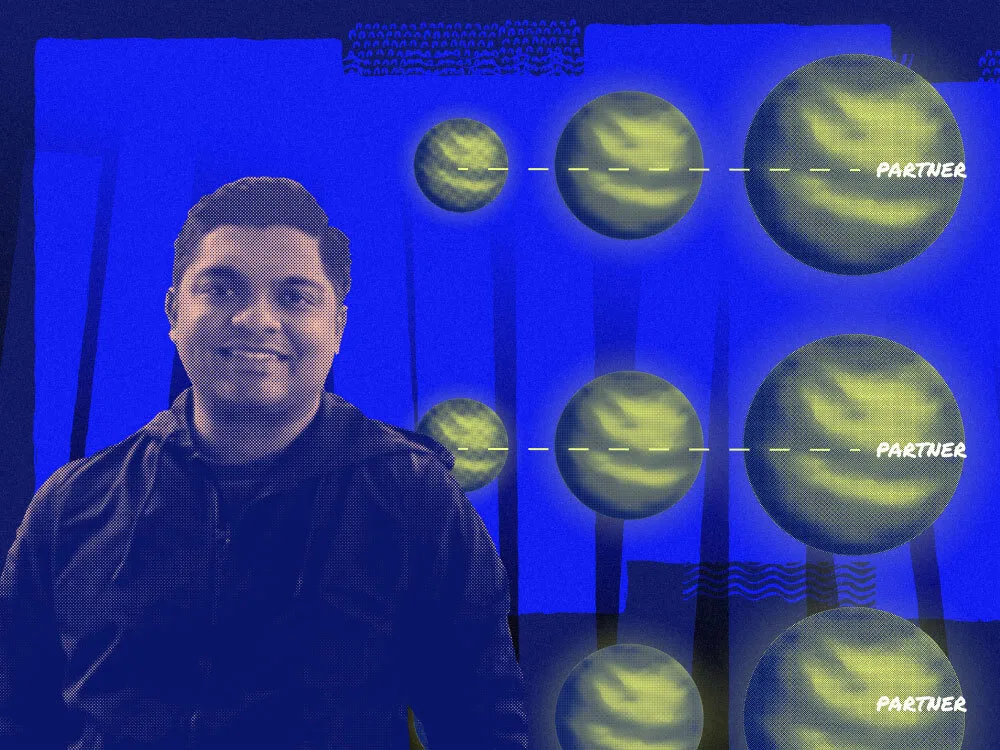 An image of Ajay Bala on a background that shows partner recruitment