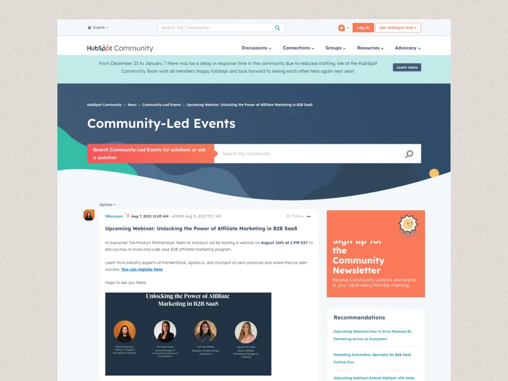Screenshot of the HubSpot site showing community=led events