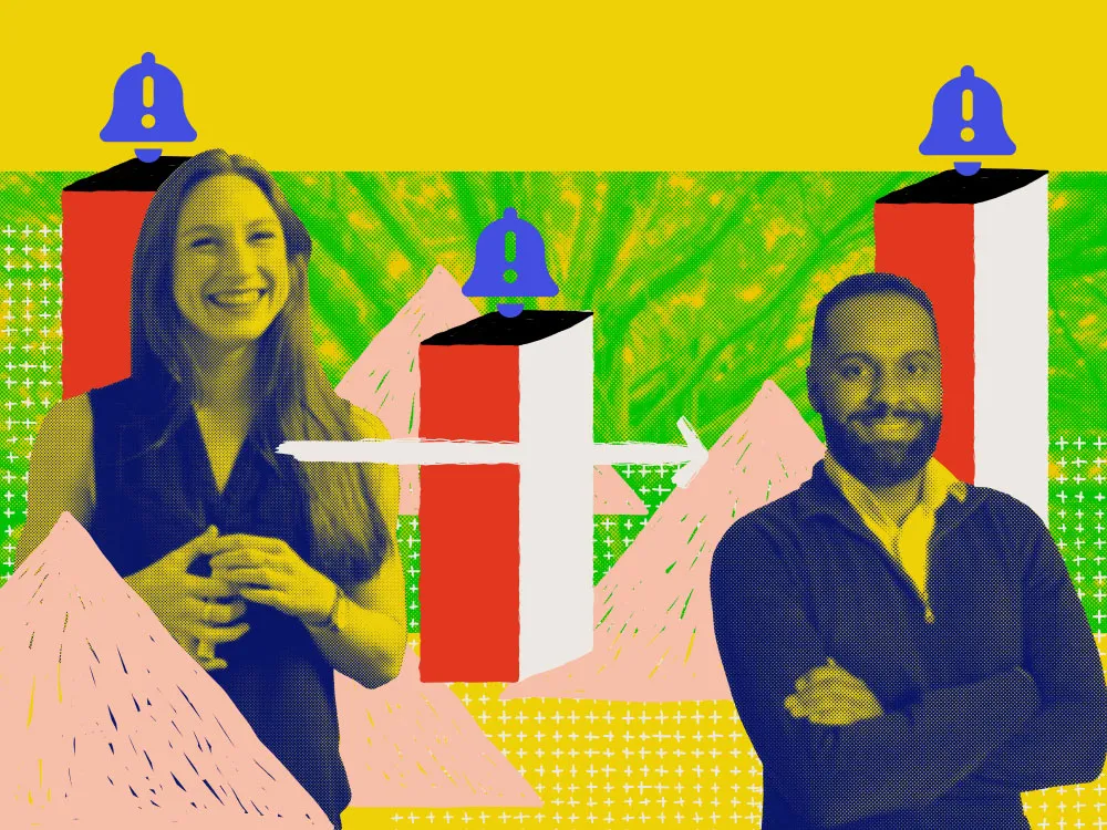 a smiling man and woman with graphic bars and alert bells behind them