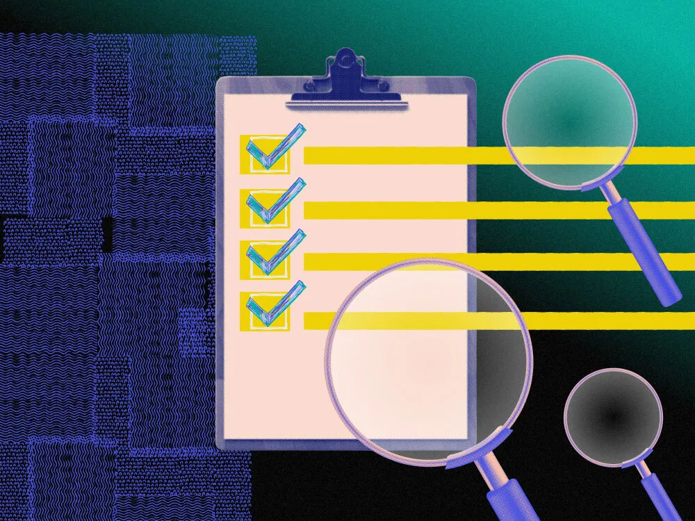 An image with a clipboard and a list and two magnifiying glasses beside