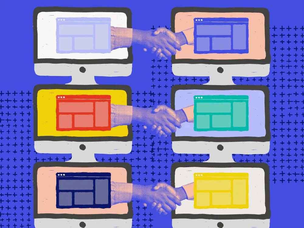 Hands coming from computer screens and shaking