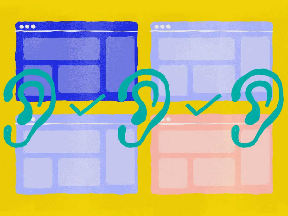 three drawn ears over a background of stylized computer windows