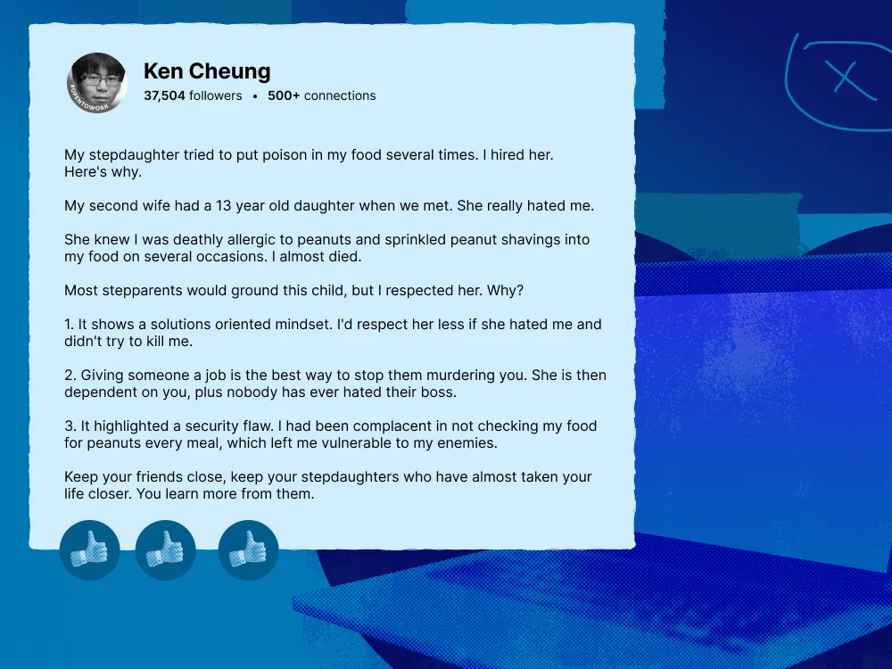 A screenshot of Ken Cheung's comedic Linkedin satire post