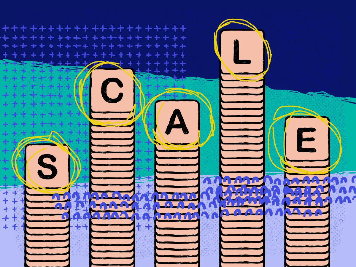 Illustration of scrabble-like tiles reading "scale"