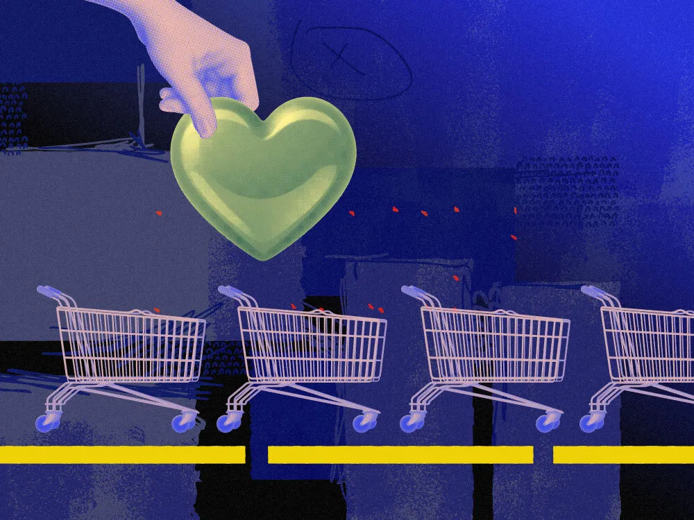 An image that shows a hand placing a heart in a shopping cart, signifying commerce for good