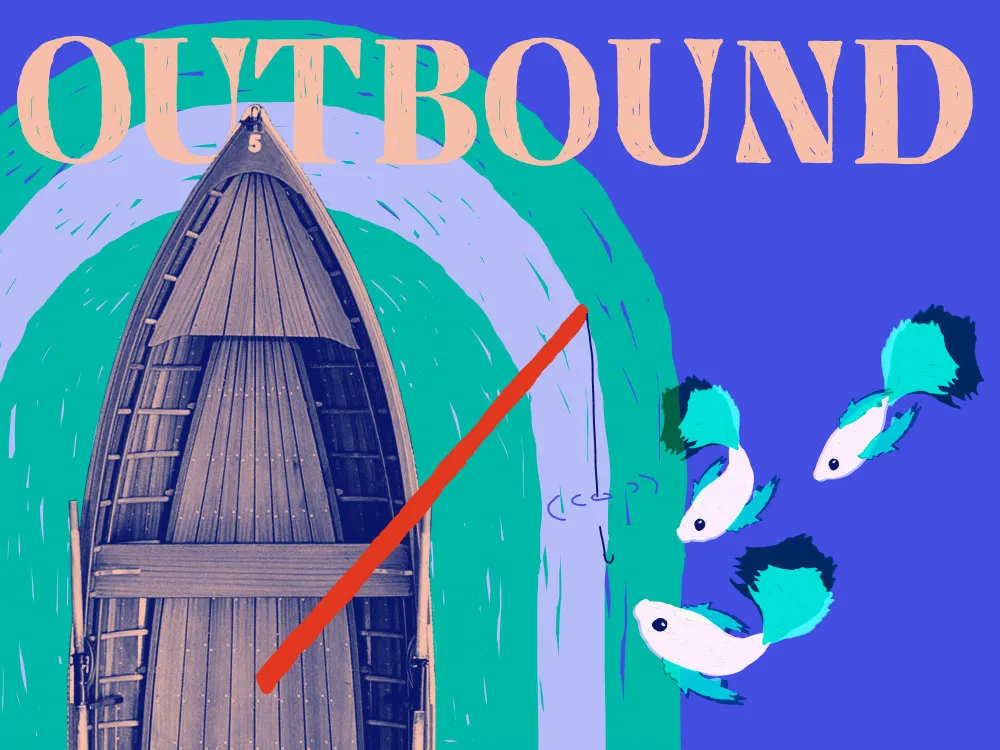 the text outbound over a boat with a fishing line out to catch fish