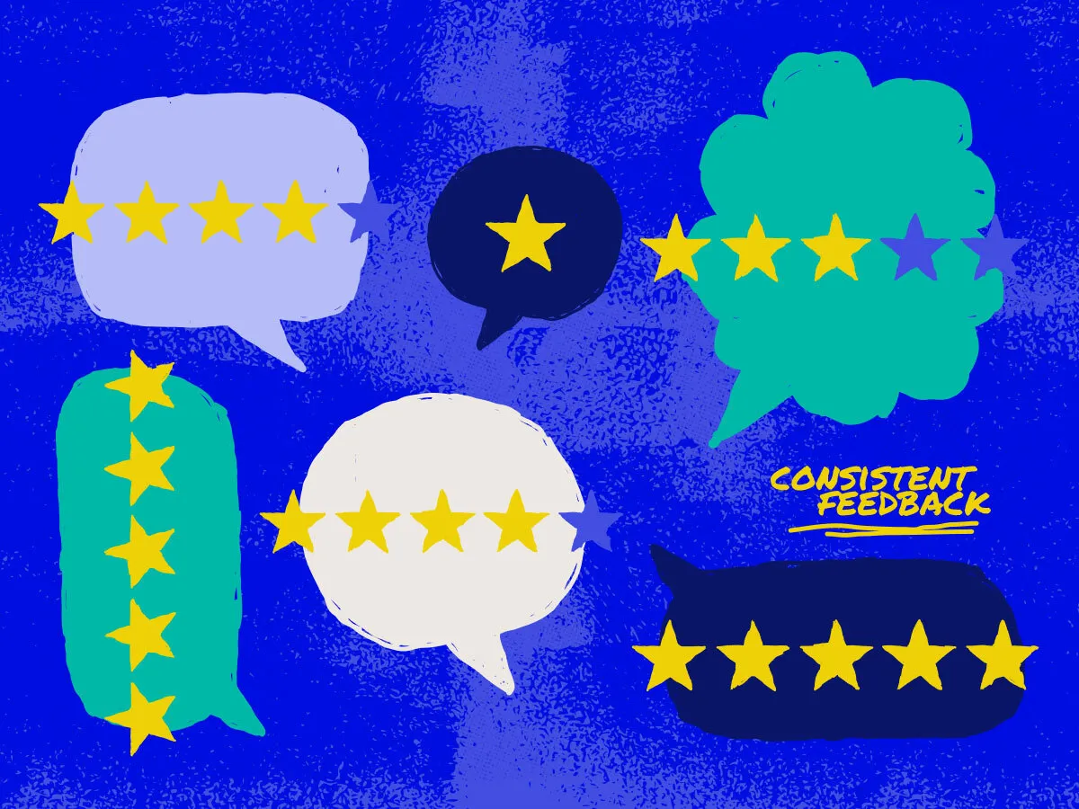 bubbles with stars inside them indicating a rating and review system, with the words consistent feedback in the bottom right