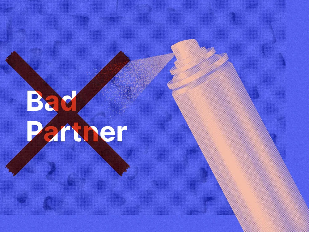 An image showing a repellent spraying with the words bad partners in a large red X