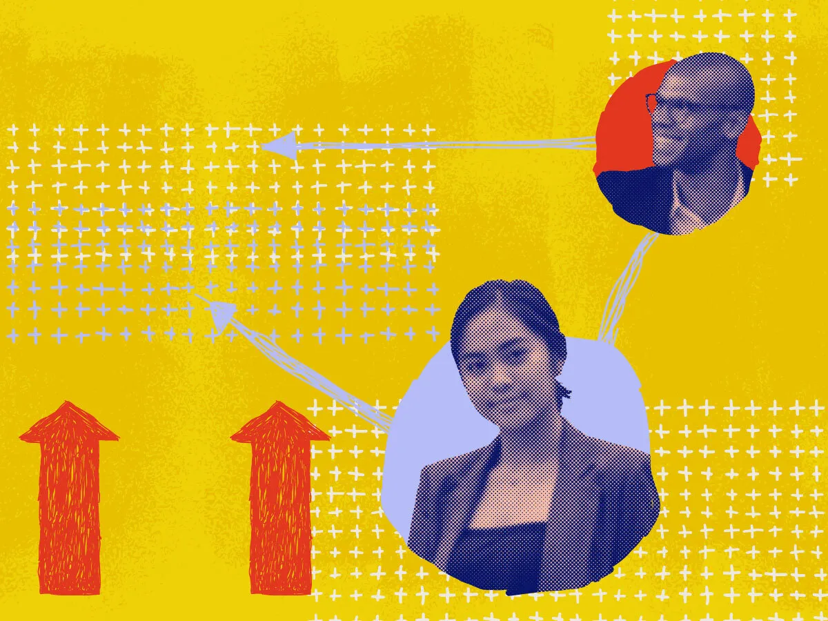 a graphically treated image of a man and a woman with upward pointing arrows