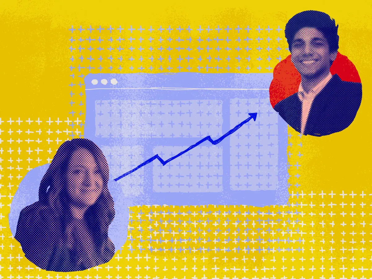 two smiling people connected by an upward arrow on a computer screen