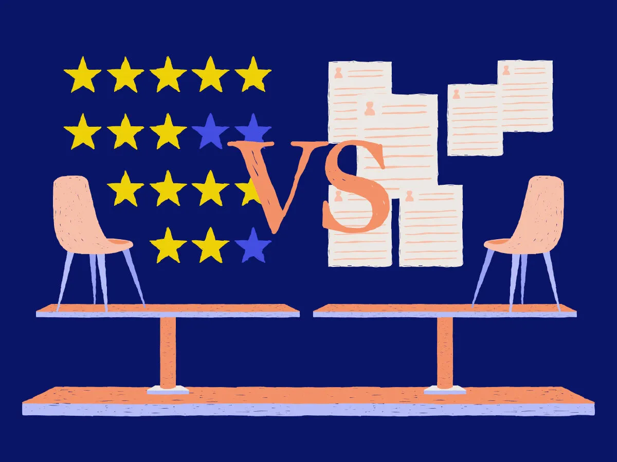 two chairs with stars and papers behind the text "vs"