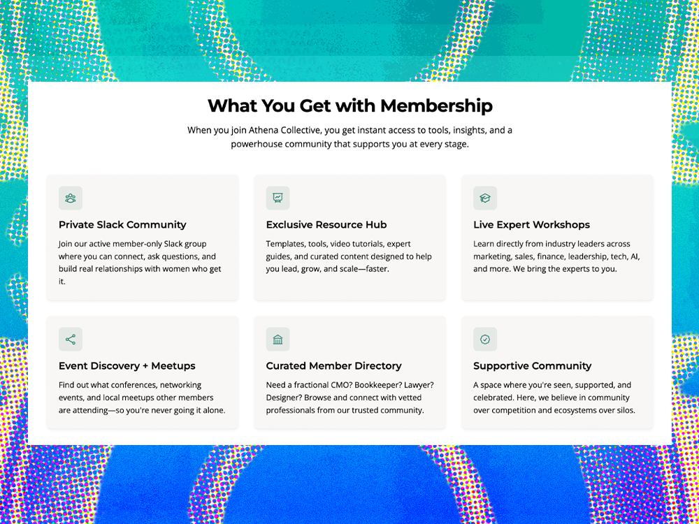 Six boxes showing benefits of membership in Athena Collective