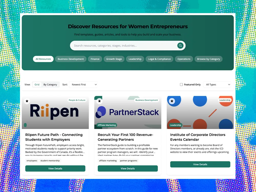Screenshot showing resources for women entrepreneurs from Athena Collective