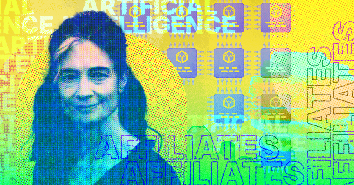 Affiliate expert Amy Scanlon pictured against background with AI text