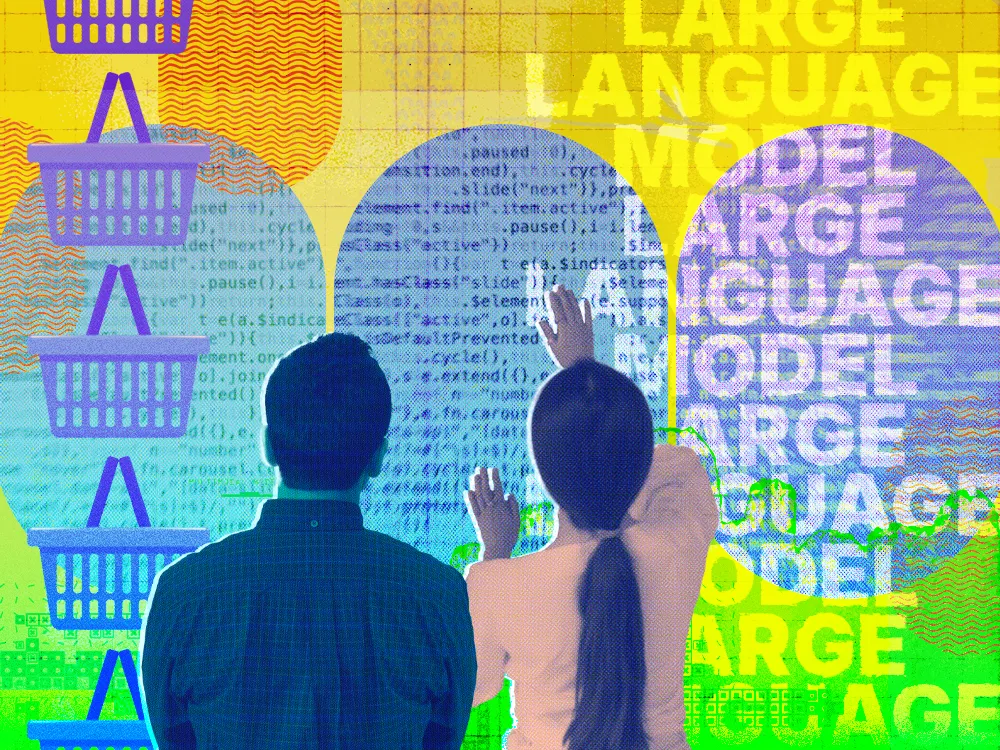 Two people in front of a large screen of code representing a large language model