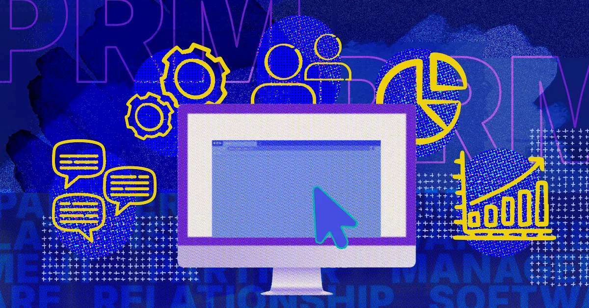 A computer screen with chat, gear and chart icons around it