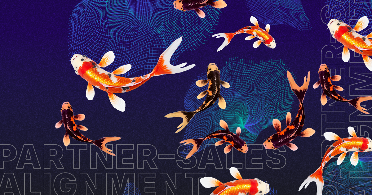 Koi fish swim over a blue background with the text partner-sales alignment